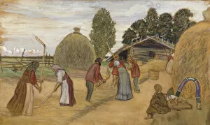 Threshing Floor, 1918. Artist: Kustodiev, Boris Michaylovich (1878-1927)