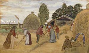 Pastel On Cardboard Collection: Threshing Floor, 1918. Artist: Kustodiev, Boris Michaylovich (1878-1927)