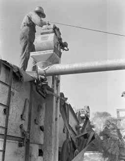 Denim Prints: Threshing oats, Clayton, Indiana, 1936. Creator: Dorothea Lange
