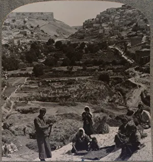 Threshing on roof; overlooking the valley of Kedron, c1900 Threshing on roof; overlooking the valley of Kedron, c1900