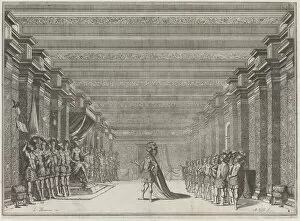Throne room with a man in classical armor standing at center addressing a man seated on a... 1674