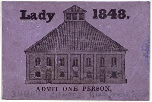 Methodist Collection: A ticket of admission for a lady to Surrey Chapel, Blackfriars Road, Southwark, London, 1848