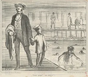 Swimming Pool Prints: Tiens papa!... un singe!... 19th century. Creator: Honore Daumier