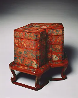 Ryukyu Islands Prints: Tiered Food Box with Stand, late 18th Century. Creator: Unknown