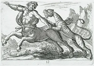 Centaur Prints: A Tiger Fighting a Centaur, 1610. Creator: Hendrick Hondius I