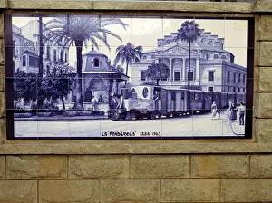 Tile panel representing the old train the Panderola that crossed the city of Castellon Tile panel representing the old train the Panderola that crossed the city of Castellon