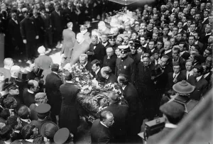 Tammany Society Prints: Tim Sullivan's coffin brought out, 1913. Creator: Bain News Service