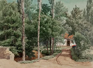 Gustaf Werner Holmberg Prints: Timber framed building surrounded by deciduous forest, 1856. Creator: Werner Holmberg