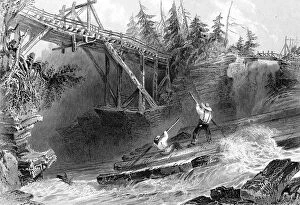 Sands Collection: A timber slide and a bridge across the Ottawa river, Ontario, Canada, 1842.Artist: J Sands