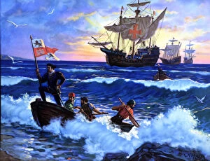 Columbus Gallery: Time of arrival and landing of Columbus to the island of San Salvador in 1492, colored engraving