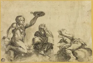 Giulio Pippi Detto Giulio Romano Prints: Time Seated on Clouds, Flanked by Two Other Angels, n.d. Creator: Giulio Romano