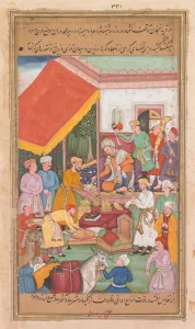 Made For Akbar Prints: Timur distributes gifts from his grandson, the Prince of Multan, from a Zafar-nama