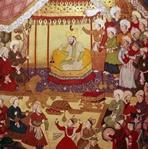Mughal School Gallery: Timur enthroned during celebrations, Mughal manuscript, 1600-1601