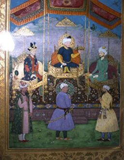 Babur Collection: Timur hands his crown to Babur Mughal, c1630
