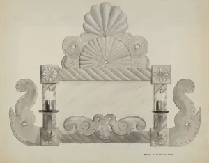 20th Century Bc Prints: Tin Mirror Frame with 2 Candle Sockets, c. 1937. Creator: Majel G. Claflin