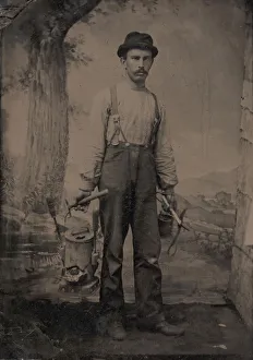 Tinker Prints: Tinsmith in Front of Painted Outdoor Backdrop, 1860s-70s. Creator: Unknown