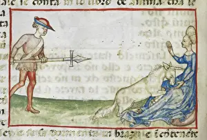 Unicorn Prints: Detail of a tinted drawing of a woman protecting a unicorn