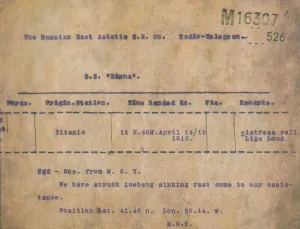 White Star Line Gallery: Titanic - Iceberg Telegram, 1912