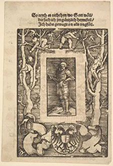 Grien Hans Baldung Prints: Title Border with Man in Armor in Center, 1513. Creator: Hans Baldung