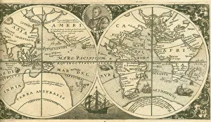 World Map Prints: Title page of Americae Pars VIII (with a portrait of Francis Drake and his ship)