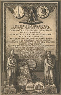 Title page with eagle, coin showing image of Trajans Column, classical sculptures