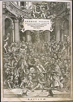 Title page from De humani corporis fabrica by Andreas Vesalius, ca 1543