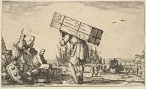 Bella Collection: Title page: a man carrying a case on his back in center