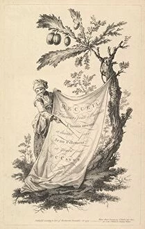 Canot Gallery: Title page: a smiling man holds a corner of a cloth tied to a fig tree
