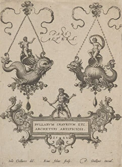 Adrian Collaert Gallery: Title Plate with Two Pendant Designs Above and Neptune Standing on a Cartouche Below