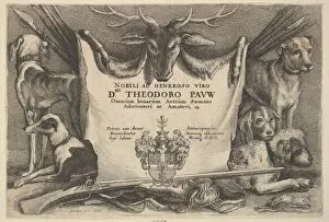Hunting Dogs Collection: Titlepage with hounds and hunting equipment, 1646. Creator: Wenceslaus Hollar