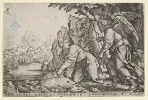 Jews Gallery: Tobiolus Catches the Fish, from The Story of Tobias, 1543. Creator: Georg Pencz