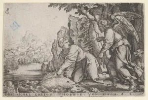 Tobias Prints: Tobiolus Catches the Fish, from The Story of Tobias, 1543. Creator: Georg Pencz