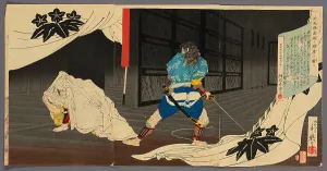 Oban Triptych Prints: Tokimune (Soga Goro) Sneaking into Yoritomo's Residence (Tokimune)
