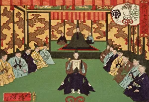 Shogun Prints: Tokugawa Iemitsu Receiving Lords in Audience, 1875. Creator: Tsukioka Yoshitoshi