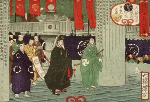 Shintoism Prints: Tokugawa Tsunayoshi Visiting Nikko Shrine, 1875. Creator: Tsukioka Yoshitoshi