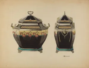 Stewart Robert Prints: Toleware Coal Vase, c. 1938. Creator: Robert Stewart
