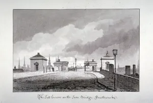 John Chessell Prints: Toll houses on Southwark Bridge, London, 1827. Artist: John Chessell Buckler