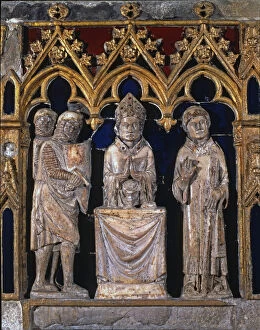 Tomb of Saint Narcissus . Front detail with Saint Narcissus saying Mass between warriors