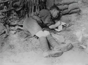 Socks Prints: Tommy writing home after battle, 11 Jun 1917. Creator: Bain News Service