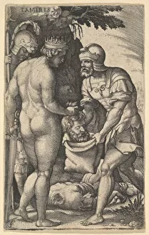 Myth Collection: Tomyris, shown nude from behind, placing the head of Cyrus into a sack held by a soldi