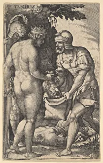 Decapitation Prints: Tomyris, shown nude from behind, placing the head of Cyrus into a sack held by a soldi