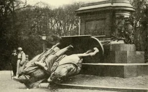 Frank A Mumby Prints: Toppled equestrian statue of Wilhelm I, Metz, France, 1918, (c1920). Creator: Unknown