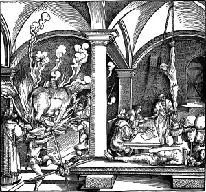 Petrarch Master Prints: Torture. Illustration from the book Phisicke Against Fortune by Petrarch