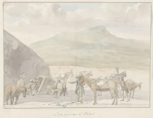 Palanquin Prints: Tour company sedan chair overturns near river Platini, 1778. Creator: Louis Ducros