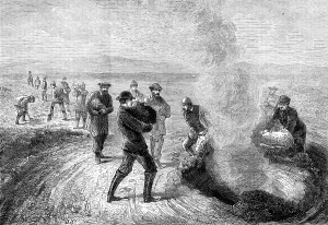 Hot Springs Prints: The Tourist in Iceland: feeding the Strokr, or Churn Geysir, 1881. Creator: Unknown