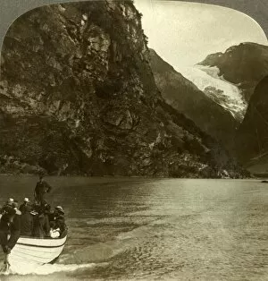 Underwood Travel Library Gallery: Tourists crossing Lake Loen - view across to a huge glacier, Norway, c1905. Creator: Unknown