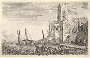 Calais Gallery: Tower of Calais (Tour de Calais), tower to right, two ships in the sea to left