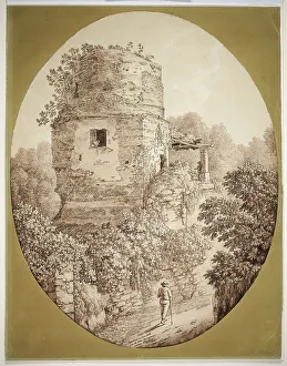 Brown Wash Prints: Tower with Man Walking, 1797. Creator: Jacob Philip Hackert