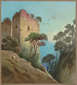 Cliffs Prints: Tower ruins overlooking the sea (Gulf of Naples?), 19th century. Creator: Unknown