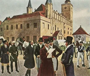 Town Hall Prints: In front of the town hall at Reichenbach in Silesia during the ceasefire, 1813, (1936)